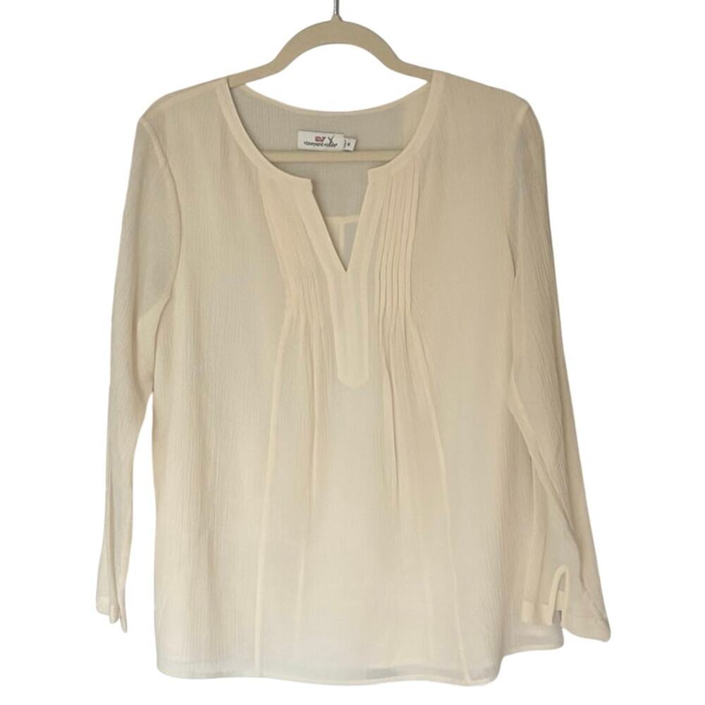 Vineyard Vines Cream Sheer Split Neck Pleated Blouse‎ 55% silk LS Size M